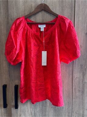 Calypso St. Barth Embroidered Coastal Bright Red Eyelet Puff-Sleeve Top NWT XL